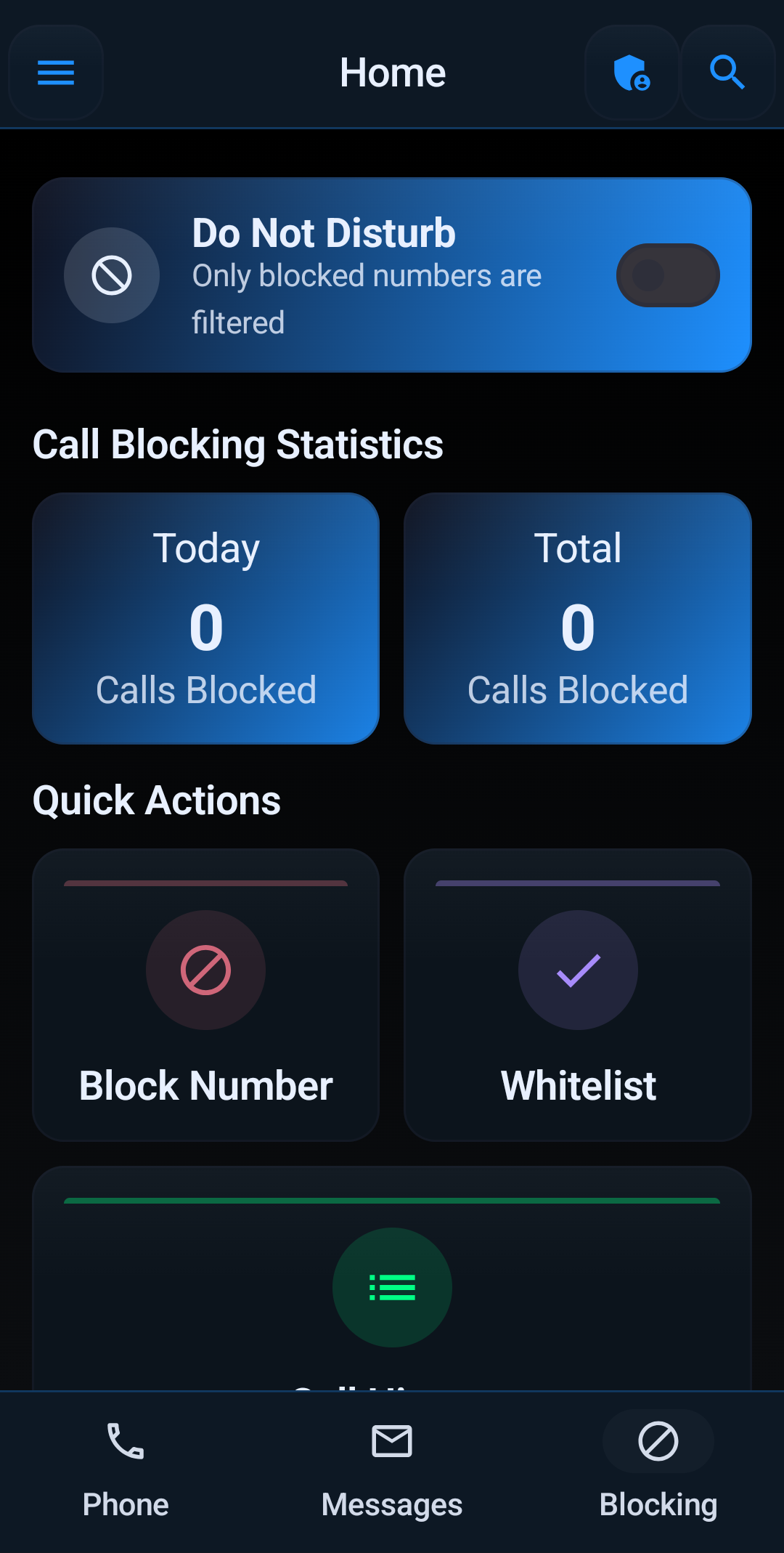 Block Guard Android dashboard showing AI spam call blocking status and blocked-call statistics